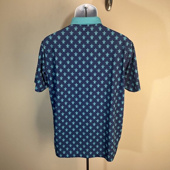 Waggle Men's blue w/ teal turtles all over performance golf polo shirt Large L - Picture 4 of 5